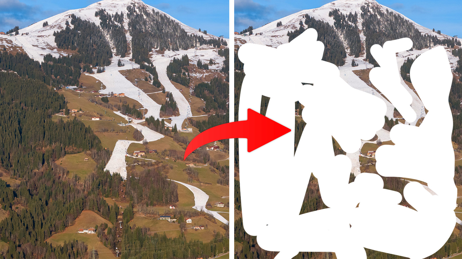 Skigebiete steigen von Schneekanonen auf Photoshop um